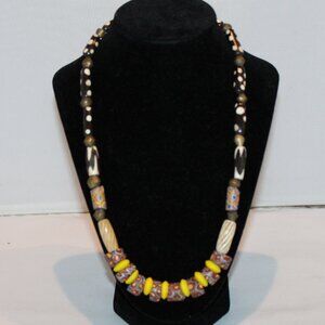 handcrafted Nigerian trade bead 22" necklace yellow black & white colorful